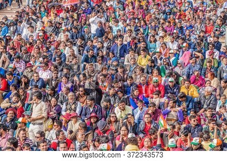 Wagah, India - January 26, 2017: Indian Spectators Watch The Military Ceremony At India-pakistan Bor