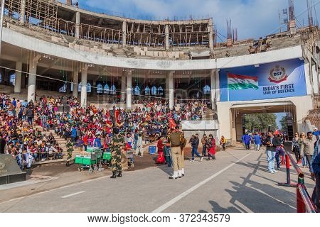 Wagah, India - January 26, 2017: People Wait For The Military Ceremony At India-pakistan Border In W