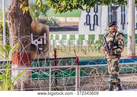 Wagah, India - January 26, 2017: Soldier Guarding At India-pakistan Border In Wagah In Punjab, India