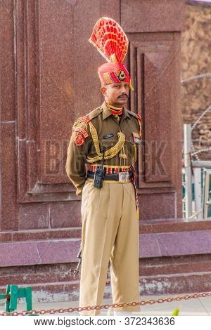 Wagah, India - January 26, 2017: Indian Border Guard At The Military Ceremony At India-pakistan Bord