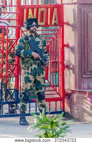 Wagah, India - January 26, 2017: Border Guard At The Military Ceremony At India-pakistan Border In W