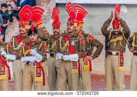 Wagah, India - January 26, 2017: Border Guards At The Military Ceremony At India-pakistan Border In 