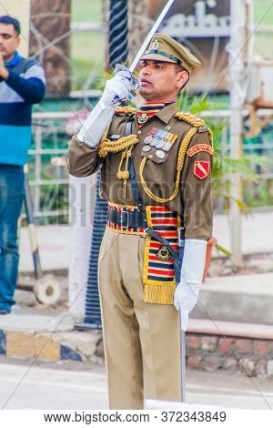 Wagah, India - January 26, 2017: Border Security Force Member At The Military Ceremony At India-paki