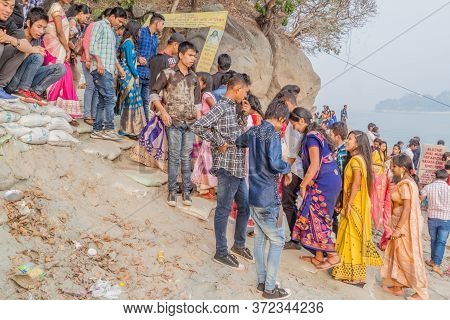 Guwahati, India - January 31, 2017: People Wait For A Boat At Peacock Umananda Island In Brahmaputra