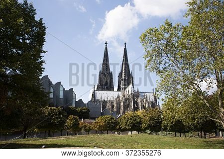 View Landscape Rhine Garden Or Rheingarten Park Near Hohenzollern Bridge At Riverside Rhine River Wi