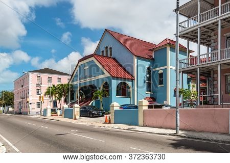 Nassau, Bahamas - May 3, 2019: Street View Of Nassau At Day With Zion Baptist Chuch On The Shirley S
