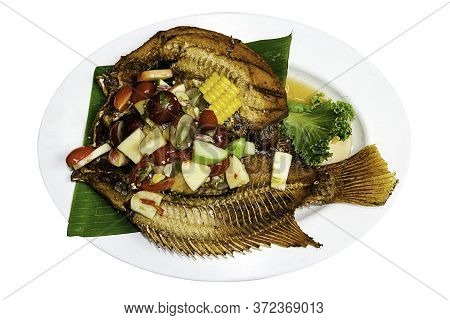 Spicy Fish Slad In Plate Isolated On White Background