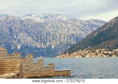 Winter Mediterranean Landscape. Montenegro,  Adriatic Sea, Bay Of Kotor, Stoliv. Perast Town In Dist