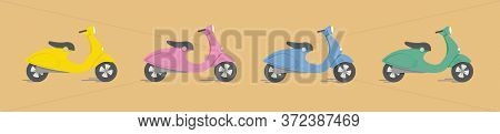 Vector Set Of Mopeds On An Isolated Background. Yellow Green Blue Pink Scooter. For Design Postcards