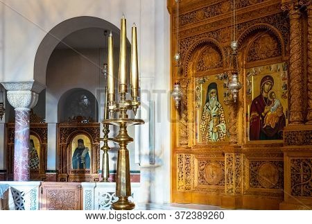 Aegina, Greece - March 17, 2018:  The Interior Of The Cathedral Of Saint Nectarios