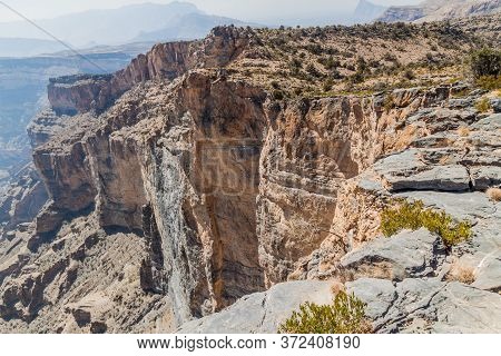 Rims Of Wadi Ghul Canyon In Hajar Mountains, Oman