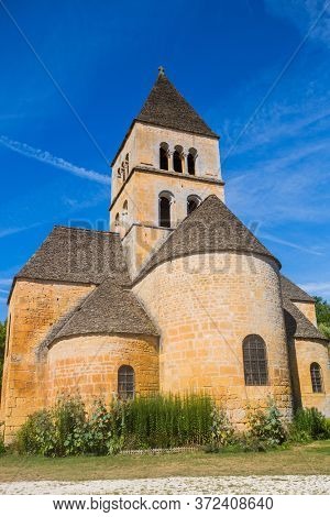 The Romanesque church (XIIth century), classified as a historical monument in Saint-Leon-sur-Vezere, Dordogne, France