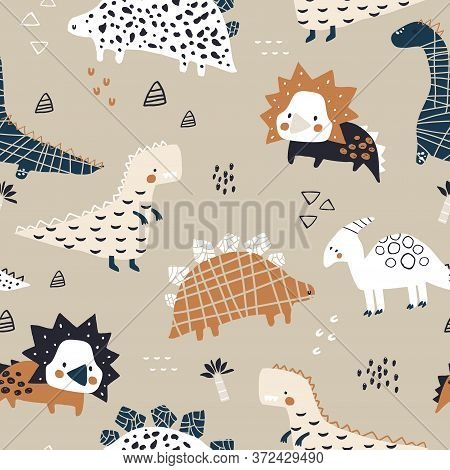 Childish Seamless Pattern With Hand Drawn Dinozaurs In Modern Style. Creative Vector Childish Backgr