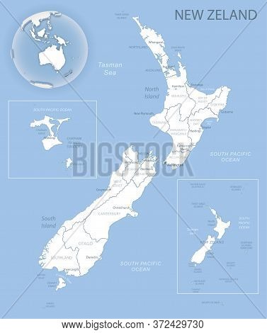 Blue-gray Detailed Map Of New Zealand And Administrative Divisions And Location On The Globe.