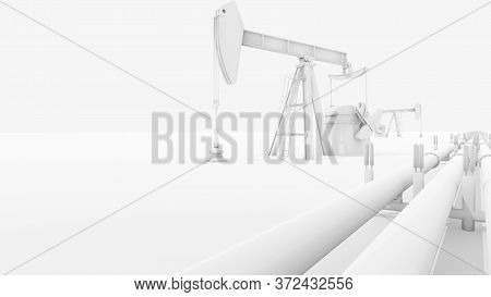 Oil Pumpjacks And Pipelines, White Surface Concept. Digital 3d Render.