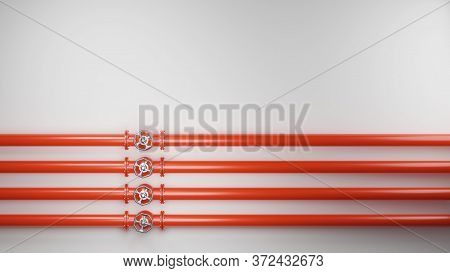 Red Industrial Pipelines And Valves On White Background. Digital 3d Render Concept.