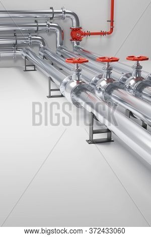 Stainless Steel Pipelines With Red Valves On White Background. Digital 3d Render Image.