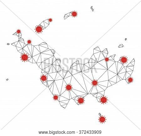 Polygonal Mesh Saint Barthelemy Map With Coronavirus Centers. Abstract Network Connected Lines And F