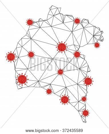Polygonal Mesh Huelva Province Map With Coronavirus Centers. Abstract Mesh Connected Lines And Covid