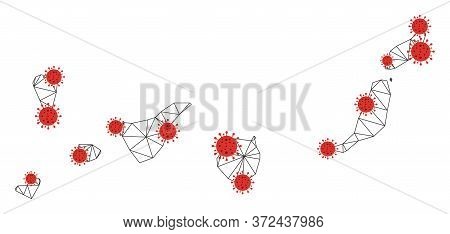 Polygonal Mesh Canarian Spain Islands Map With Coronavirus Centers. Abstract Network Connected Lines