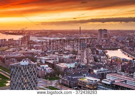 Rotterdam, Netherlands, cityscape towards the borough of Delfshaven at twilight