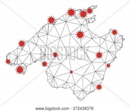 Polygonal Mesh Mallorca Map With Coronavirus Centers. Abstract Net Connected Lines And Covid Viruses