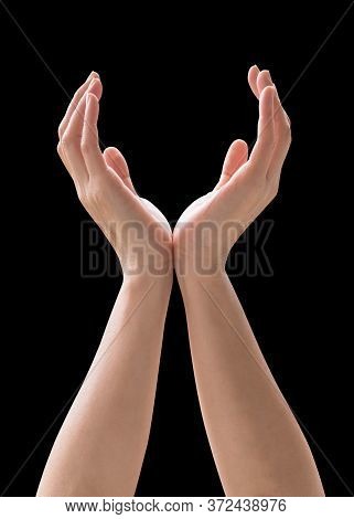 Hands Of Woman Isolated With Clipping Path On Black Background In Supporting, Praying, Worship For G