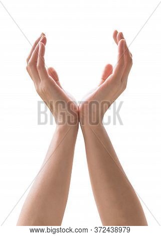 Hands Of Woman Isolated With Clipping Path On White Background In Supporting, Praying, Worship For G