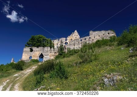 Castle Ruins Of Topolcany, Old Castle Breakaway In Slovakia, Ancient Fortress, Tower In Ruins, Povaz