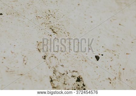 Black Wet Footprints Over Dirty Tiles . Time To Wash The Floor Concept .