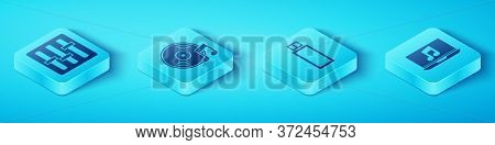 Set Isometric Sound Mixer Controller, Vinyl Disk, Laptop With Music Note And Usb Flash Drive Icon. V
