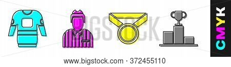 Set Hockey Jersey, Hockey Judge, Referee, Arbiter, Medal And Hockey Over Sports Winner Podium Icon. 