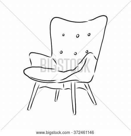 Sketch Chair In Linear Style, Outline Drawing In Black On A White Background. Upholstered Furniture 