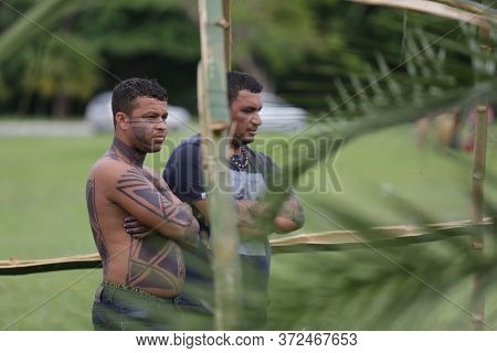 Salvador, Bahia / Brazil - May 29, 2017: Indians From Various Bahia Tribes And Ethnic Groups Camp In