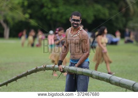 Salvador, Bahia / Brazil - May 29, 2017: Indians From Various Bahia Tribes And Ethnic Groups Camp In