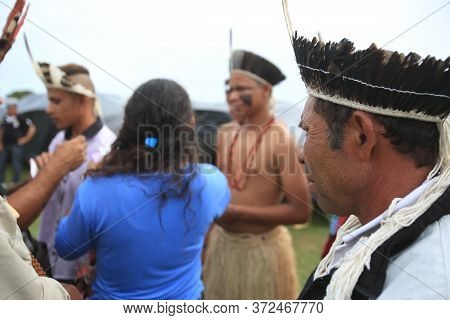 Salvador, Bahia / Brazil - May 29, 2017: Indians From Various Bahia Tribes And Ethnic Groups Camp In