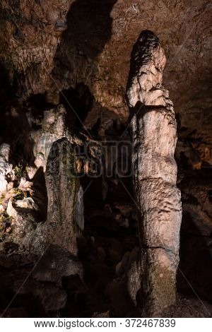 Inside The Mysterious Flowstone Cave 'nebelhöhle' With Stalagmites And Stalactites In Germany.