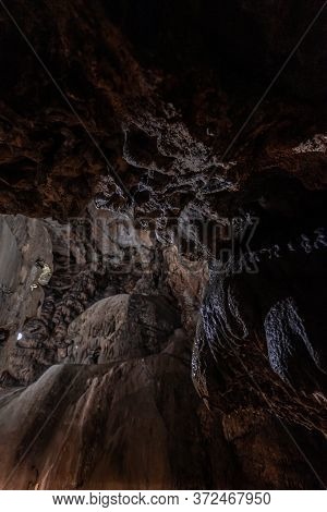 Inside The Mysterious Flowstone Cave 'nebelhöhle' With Stalagmites And Stalactites In Germany.
