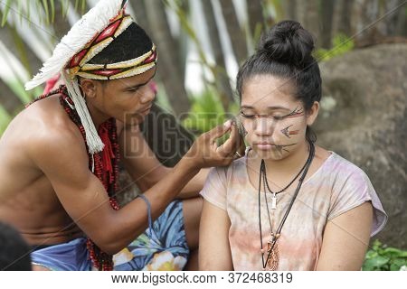 Salvador, Bahia / Brazil - May 29, 2017: Indians From Various Bahia Tribes And Ethnic Groups Camp In