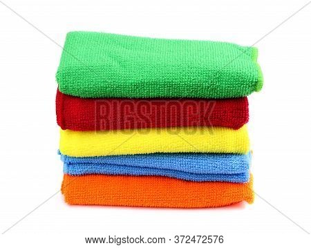 Set Of Color Kitchen Towels Isolated. Folded Towels. Red, Green, Blue And Yellow Towels.kitchen Ware
