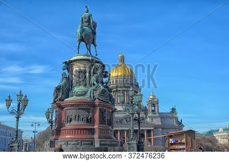 View Of Saint Isaac's Cathedral And Monument To Nicholas I In St.petersburg, Russia.
