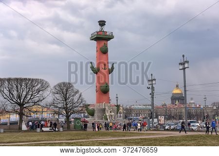 Russia, St. Petersburg, 12,04,2015 Rostral Column On The Spit Of Vasilyevsky Island In St. Petersbur