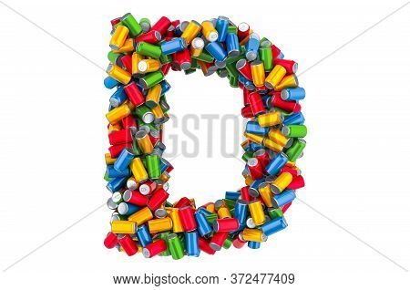 Letter D From Colored Metallic Drink Cans, 3d Rendering Isolated On White Background