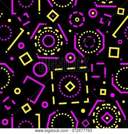 Abstract Background With Magento-yellow Geometric Shapes And Lines On Black Background. Minimal Seam