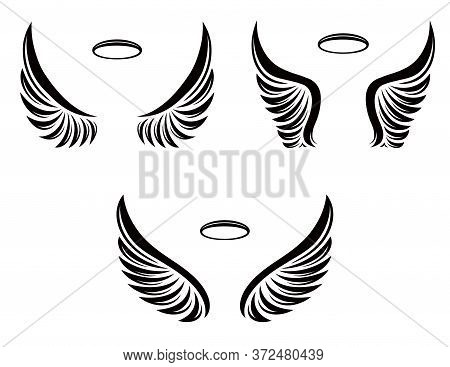 Set Of Three Pairs Of Vector Angel Wings With Nimbus