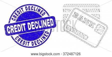 Web Mesh Bank Cards Pictogram And Credit Declined Seal Stamp. Blue Vector Round Textured Seal Stamp 