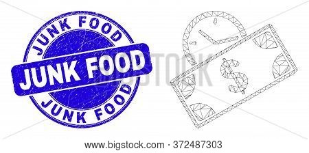 Web Mesh Banknote Credit Time Pictogram And Junk Food Seal. Blue Vector Rounded Distress Seal With J