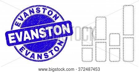 Web Mesh Bar Chart Icon And Evanston Seal. Blue Vector Round Textured Stamp With Evanston Phrase. Ab