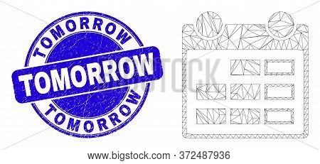 Web Carcass Calendar Page Pictogram And Tomorrow Seal Stamp. Blue Vector Rounded Scratched Seal With
