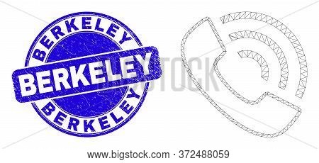 Web Mesh Call Phone Pictogram And Berkeley Seal. Blue Vector Round Distress Seal Stamp With Berkeley